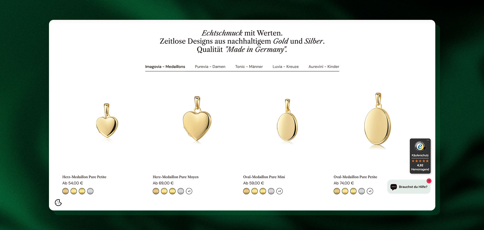 Website mit vier Designs für Goldanhänger: Herz, Oval, Kugel und Rechteck. Enthält Produktbewertungen und Preise in Euro.