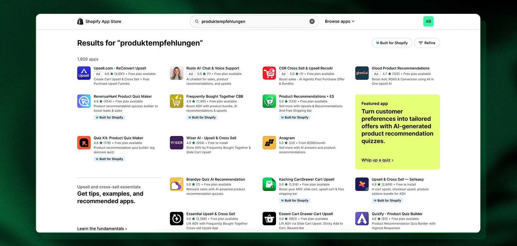 Suchergebnisse im Shopify App Store für „Produktempfehlungen“, in denen verschiedene Apps für Produktempfehlungen mit Bewertungen und Informationen zur Verfügbarkeit kostenloser Tarife aufgelistet sind.