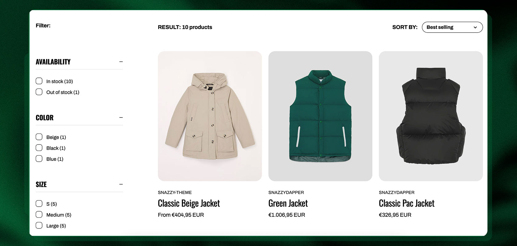 Online-Shop-Seite mit drei Jacken: einer beigen Kapuzenjacke, einer grünen Jacke mit Reißverschluss und einer schwarzen Daunenweste. Filter auf der linken Seite.
