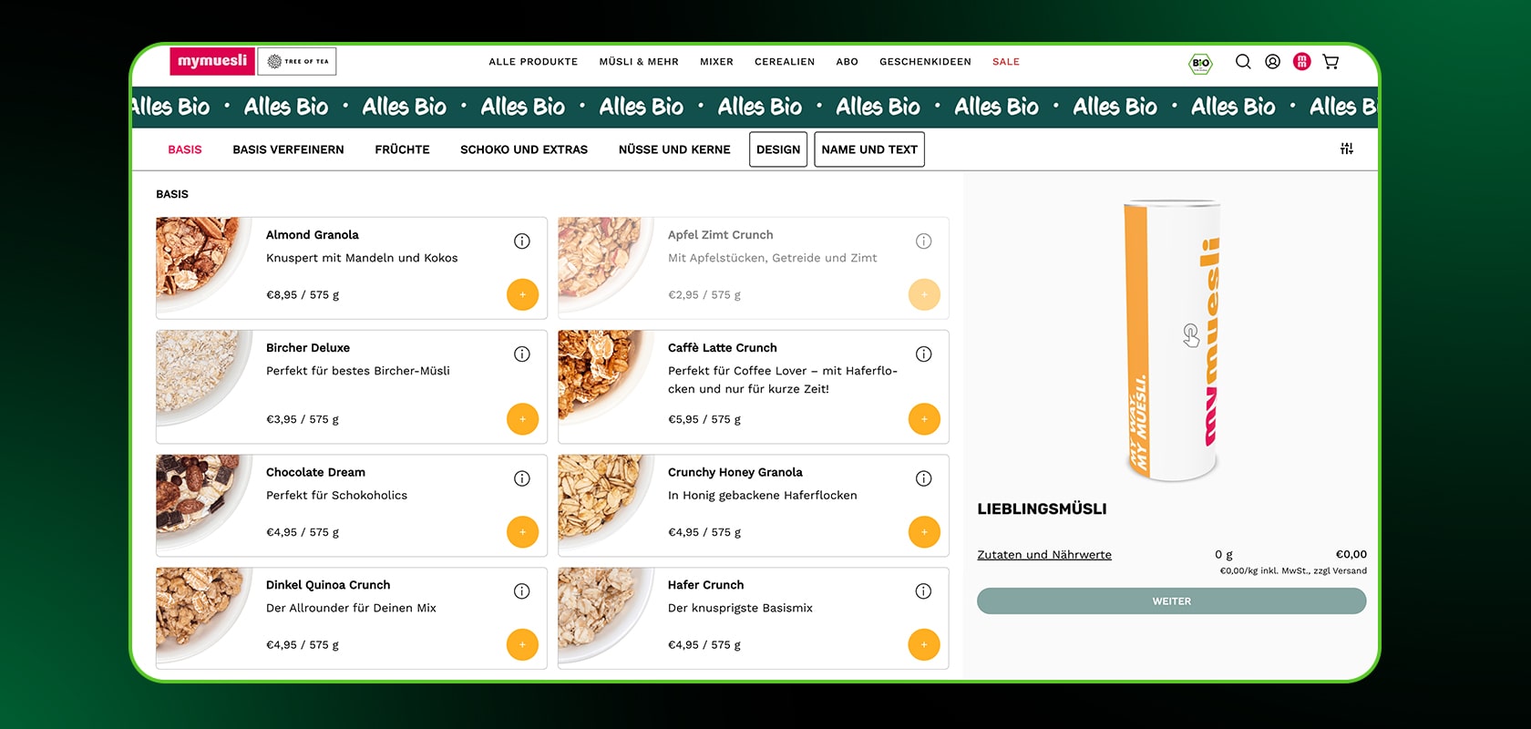 Eine Website-Oberfläche, die eine Auswahl an Bio-Müsli-Produkten mit Bildern, Preisen und einem hervorgehobenen Produkt auf der rechten Seite anzeigt.