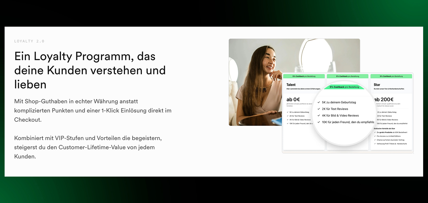 Eine Treueprogramm-Webseite mit Text über Kundenvorteile und einem hervorgehobenen Abschnitt, der die verschiedenen Stufen und Prämien zeigt.