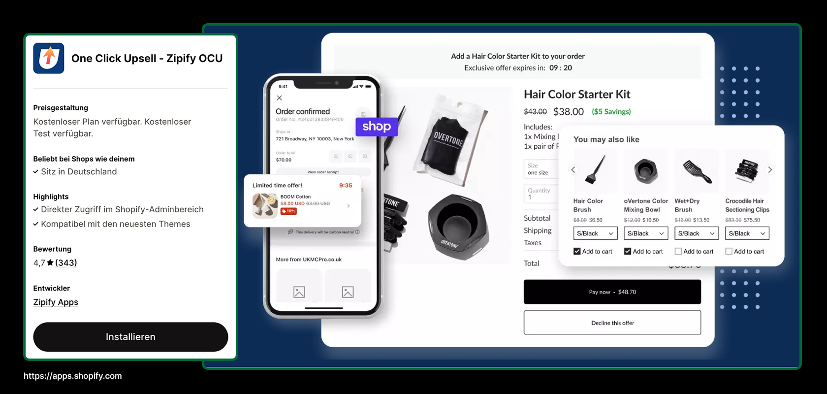 Digitale Schnittstelle, die eine mobile Bestellbestätigung, ein Haarfarben-Starterkit und entsprechende Produktvorschläge auf einer Website zeigt.