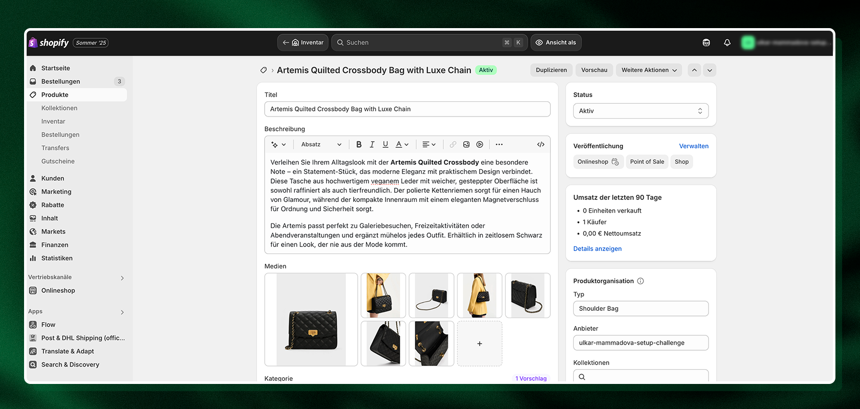 Ein Screenshot zeigt Shopify Produktbescgreibung