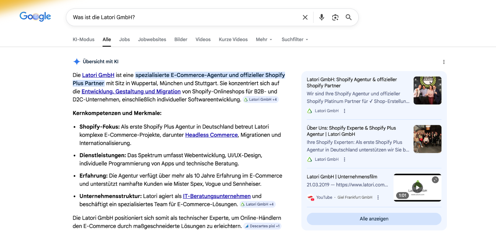 Die Google-Suchergebnisse für „Was ist die Latori GmbH?“ enthalten detaillierte Unternehmensinformationen sowie Dienstleistungen im Zusammenhang mit Shopify und E-Commerce-Lösungen.