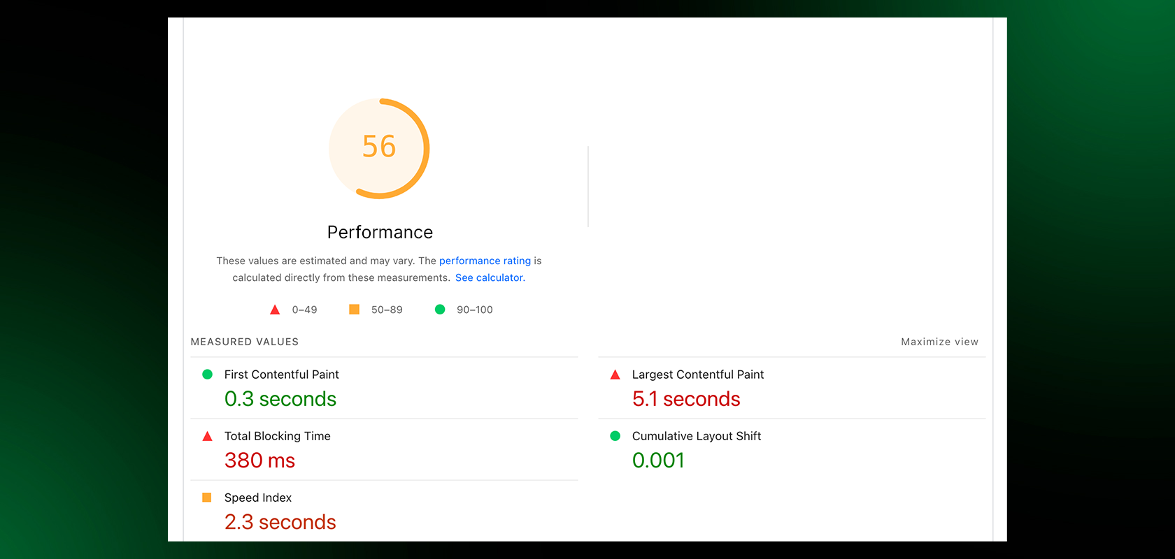 Web performance report showing a score of 56. Metrics include First Contentful Paint, Total Blocking Time, Speed Index, and more, with various timings.