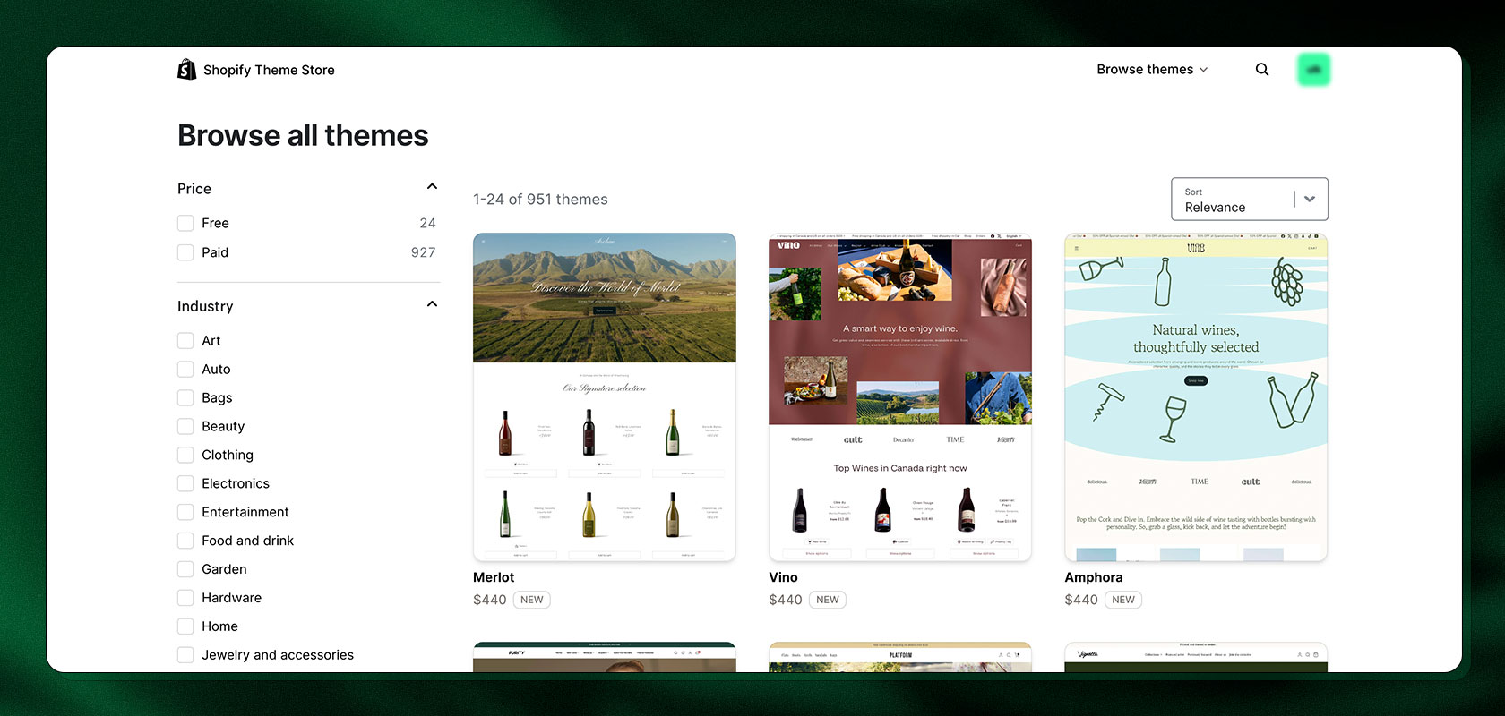 Shopify Theme Store page displaying various themes, including "Nest," "Vino," and "Amphora," with filters on the left for price and category.