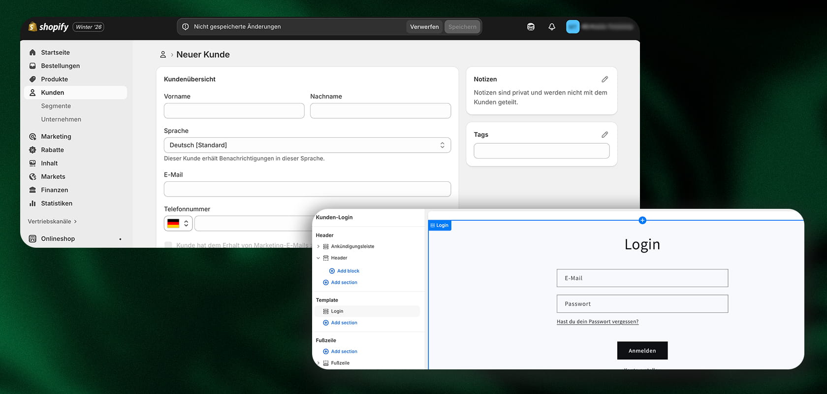 Zwei überlappende Screenshots: Der eine zeigt ein Kundeninformationsformular auf Shopiy mit deutschen Beschriftungen, der andere ein einfaches Anmeldeformular mit Feldern für E-Mail-Adresse und Passwort.