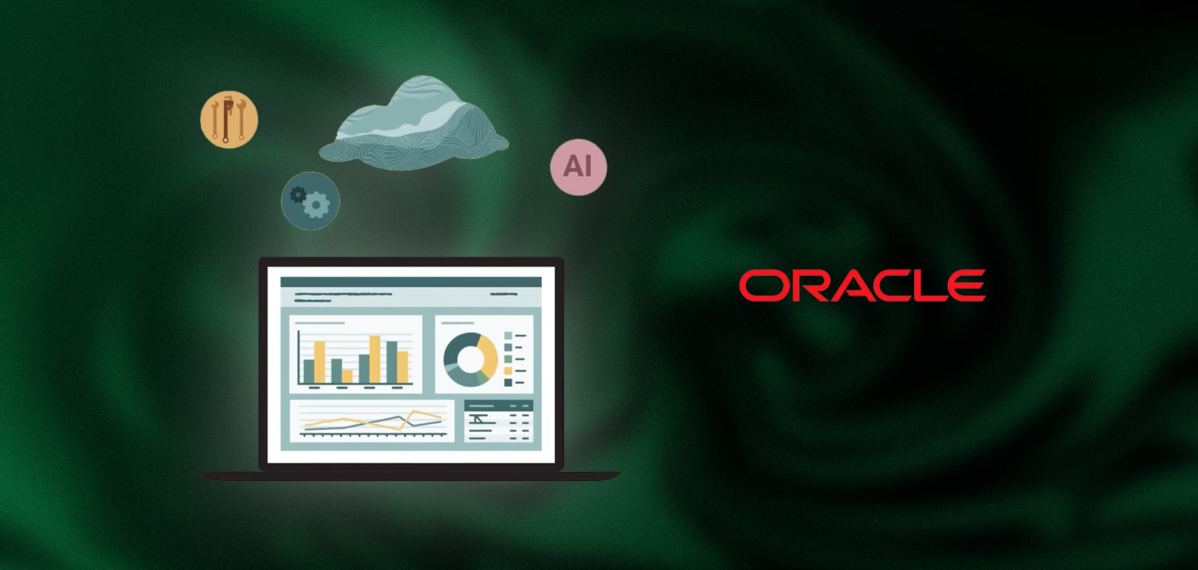 Laptop mit Analyse-Diagrammen, links davon Symbole für Cloud, KI und Zahnrad; rechts davon rotes Oracle-Logo auf dunkelgrünem, wirbelndem Hintergrund.