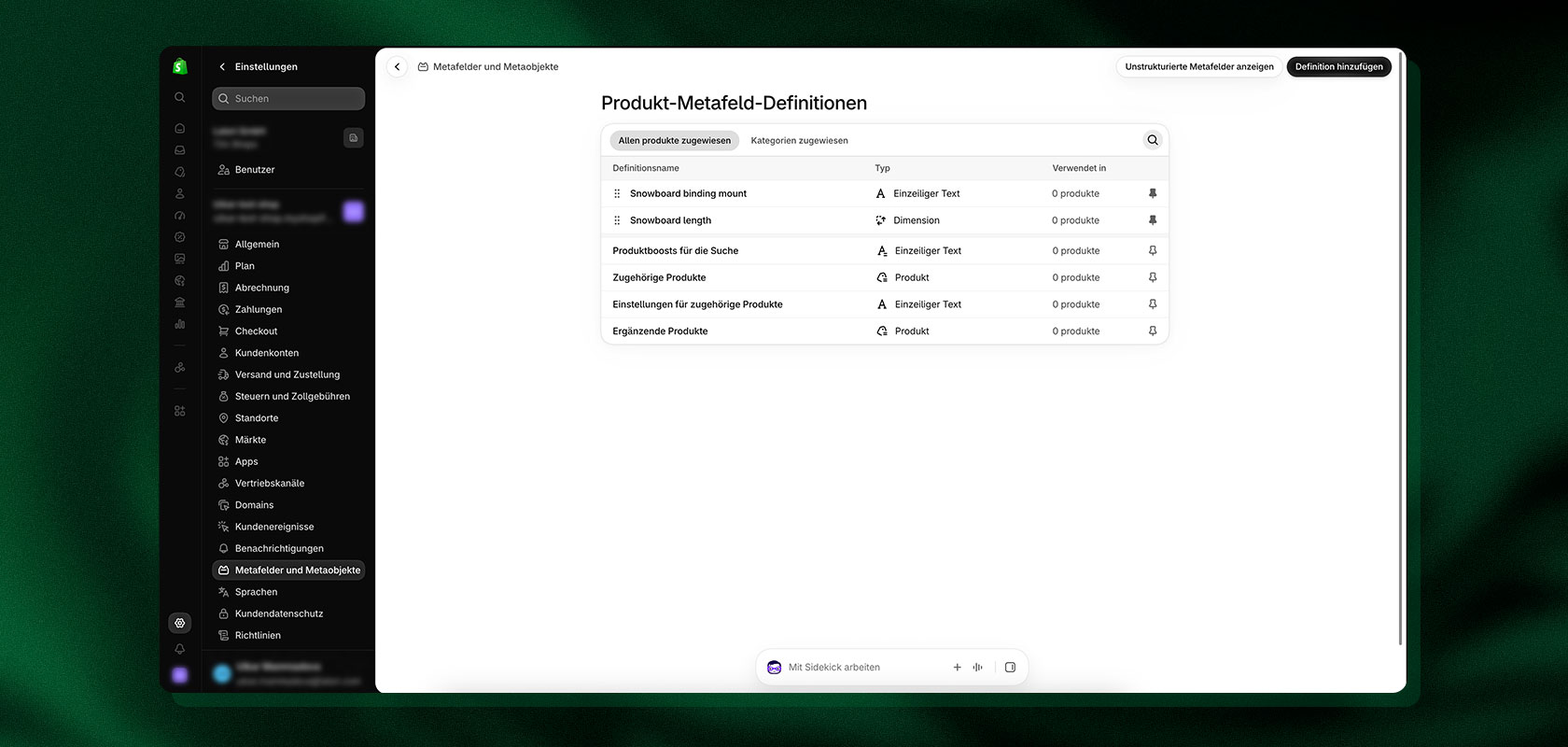 Screenshot der Shopify-Einstellungen mit einer Übersicht zu Produkt-Metafeld-Definitionen und Metaobjekten.
