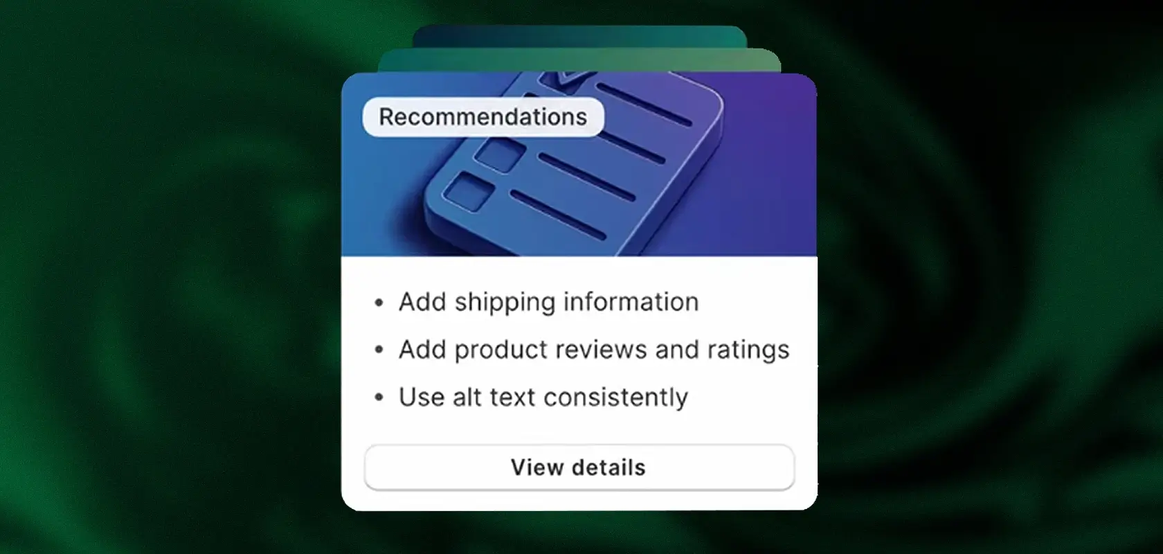 A digital card with recommendations in German, including adding shipping information and using consistent alt text. Dark background.