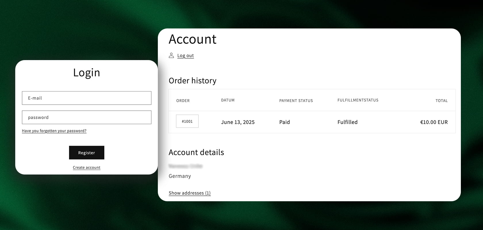 Login screen beside a German account page displaying order history with a completed order dated June 13, 2025, costing €30.40 EUR.