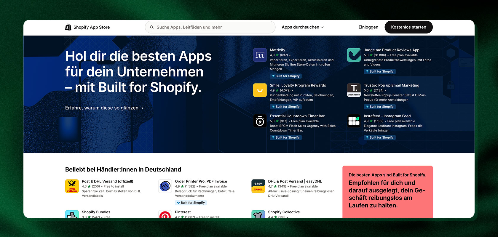 Screenshot der Shopify App Store-Homepage in deutscher Sprache mit App-Empfehlungen und Kategorien zur Verbesserung von Online-Shops.