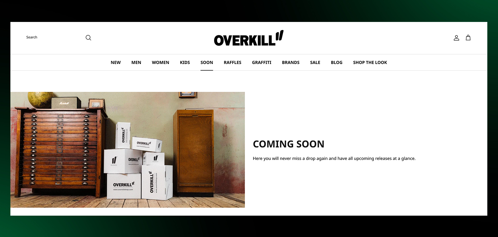 Stacks of Overkill-branded boxes beside wooden cabinets on a floor, with "COMING SOON" text on a white background.