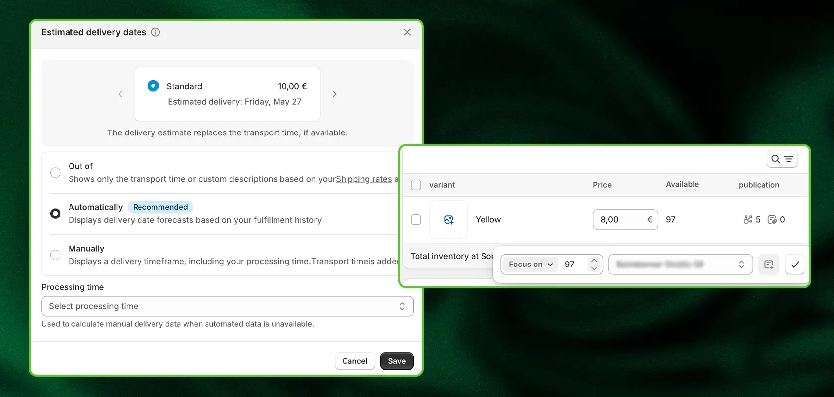 Screenshot of a delivery settings interface showing options for standard shipping, price, availability, and variant selection.