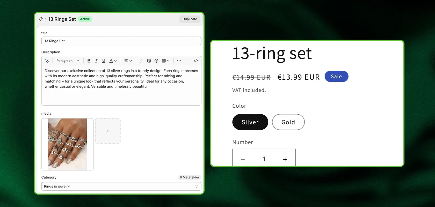 Product page for a "13 Ringe Set" with silver and gold options, priced at €13.99, including an image of rings on a hand.