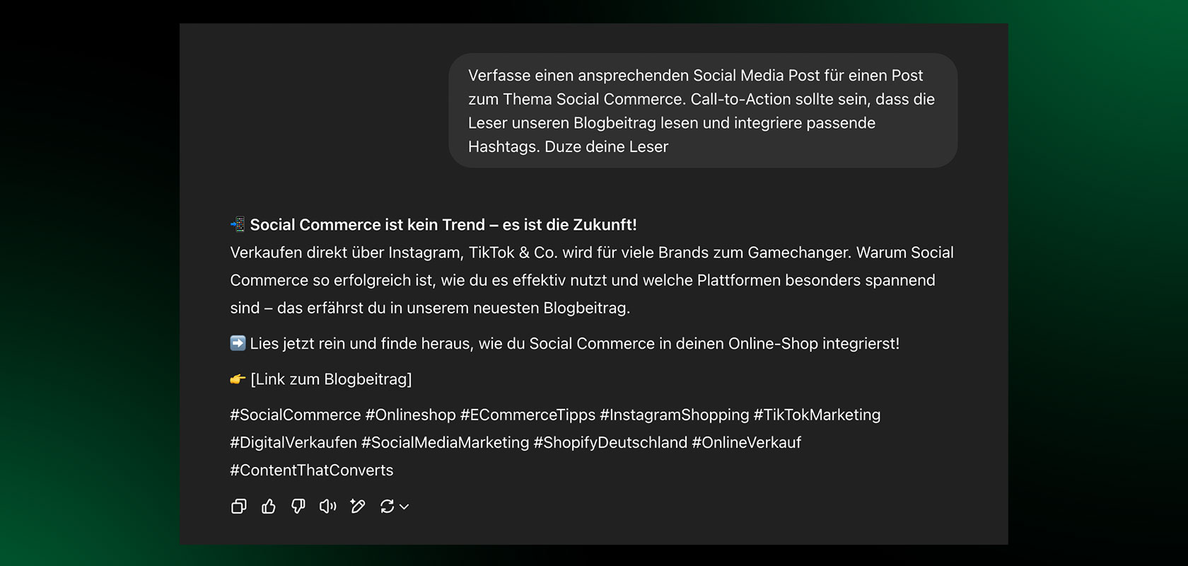 Ein Screenshot eines Social-Media-Beitrags in deutscher Sprache zum Thema Social Commerce, einschließlich Hashtags und einer Handlungsaufforderung für Blog-Leser.