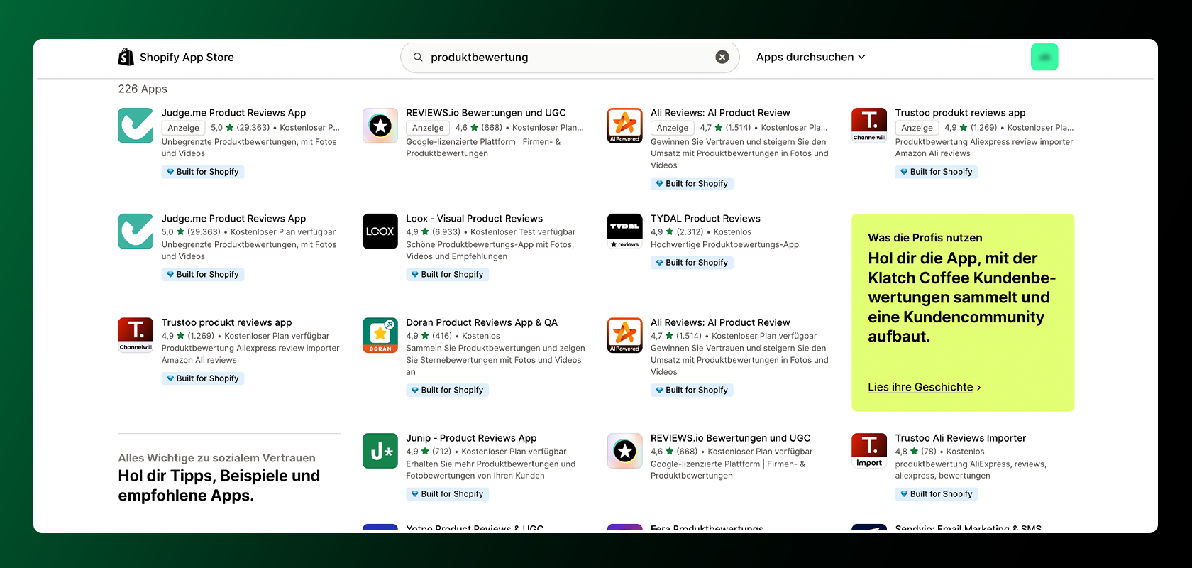 Screenshot des Shopify App Store mit verschiedenen Produktbewertungs-Apps mit Bewertungen, Beschreibungen und einem hervorgehobenen deutschen Textfeld auf der rechten Seite.