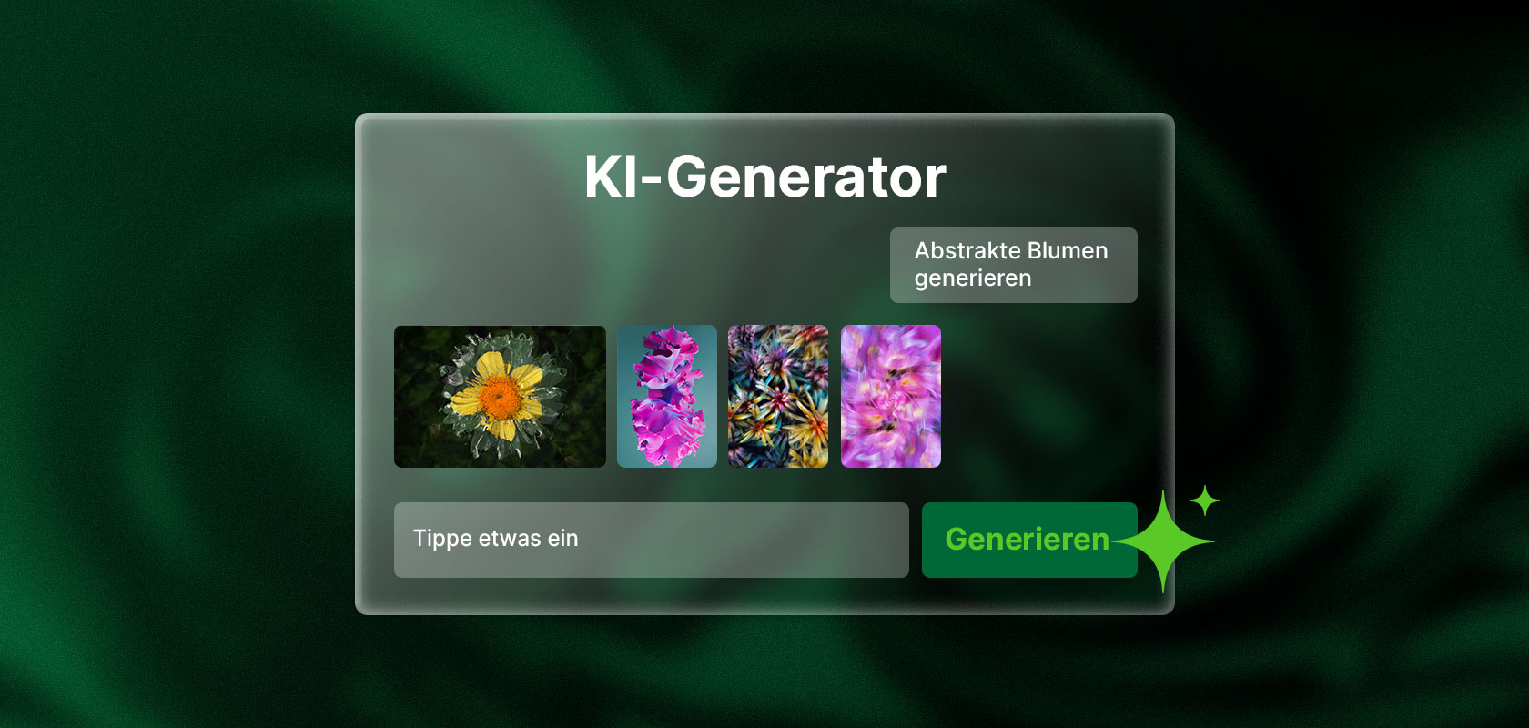 Benutzeroberfläche einer KI-Generator-App mit Optionen zur Erzeugung abstrakter Blumen. Enthält eine Texteingabe und eine Schaltfläche „Generieren“.
