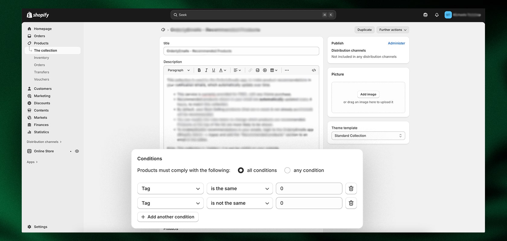 Shopify admin screen showing a German "Bedingungen" popup for product rules over a blurred product edit page.