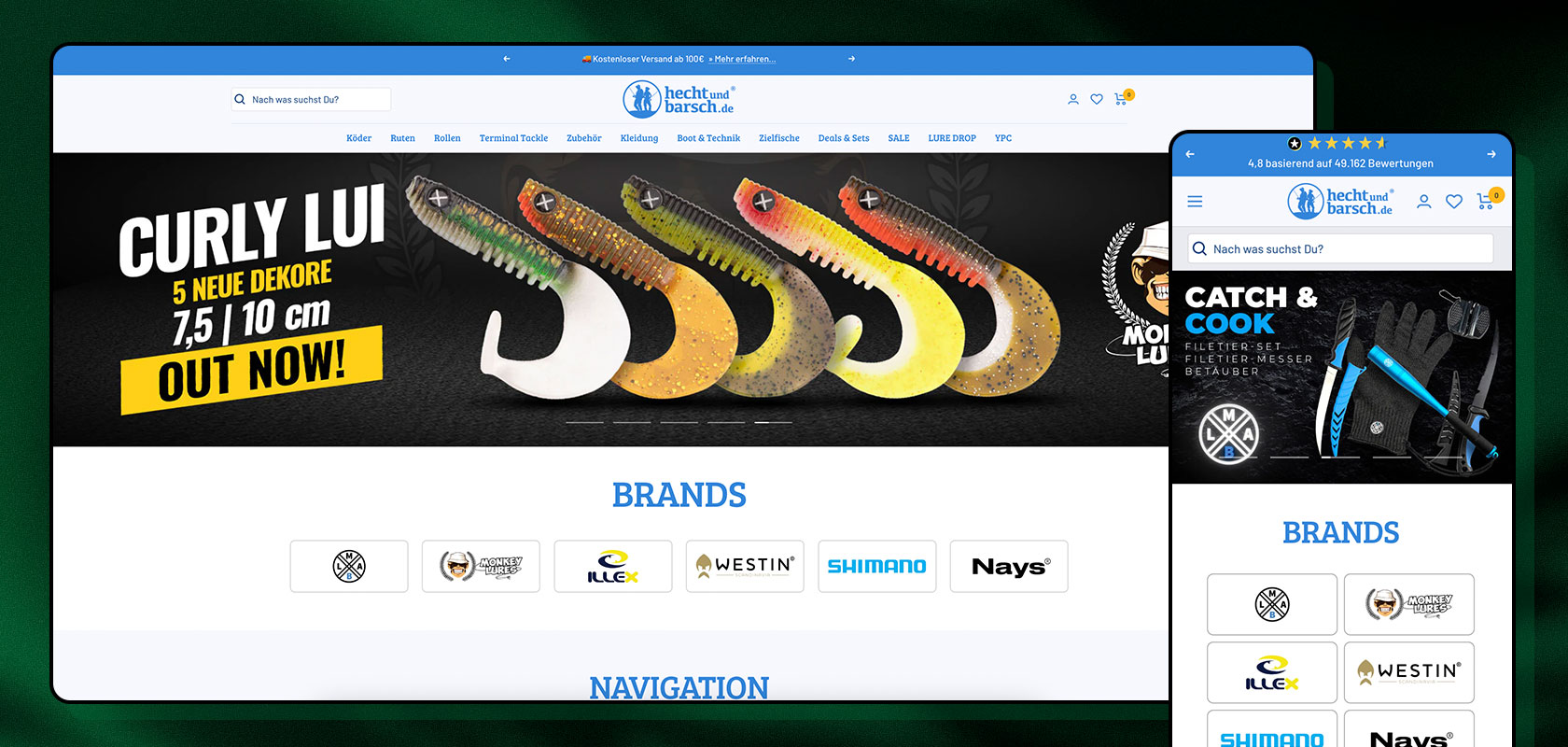 Website mit Angelködern und einem Banner für „Curly Lui”-Köder. Markenlogos und ein Navigationsmenü sind sichtbar.