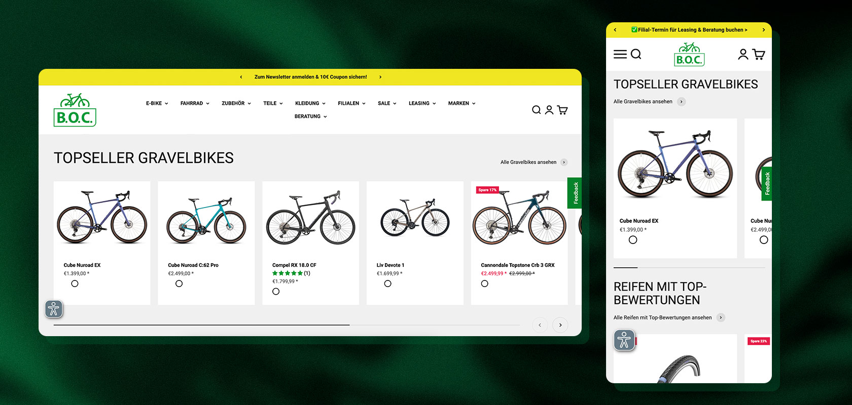 An online store featuring a selection of the best-selling gravel bikes, including prices and reviews, displayed on both desktop and mobile devices.