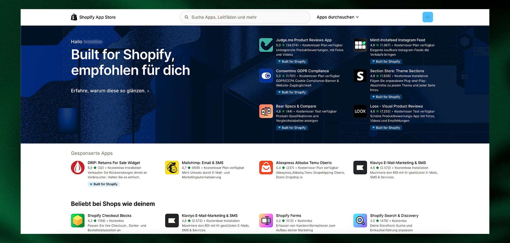 Screenshot der Shopify App Store-Startseite in deutscher Sprache mit vorgestellten Apps, Suchleiste und Navigationsoptionen.