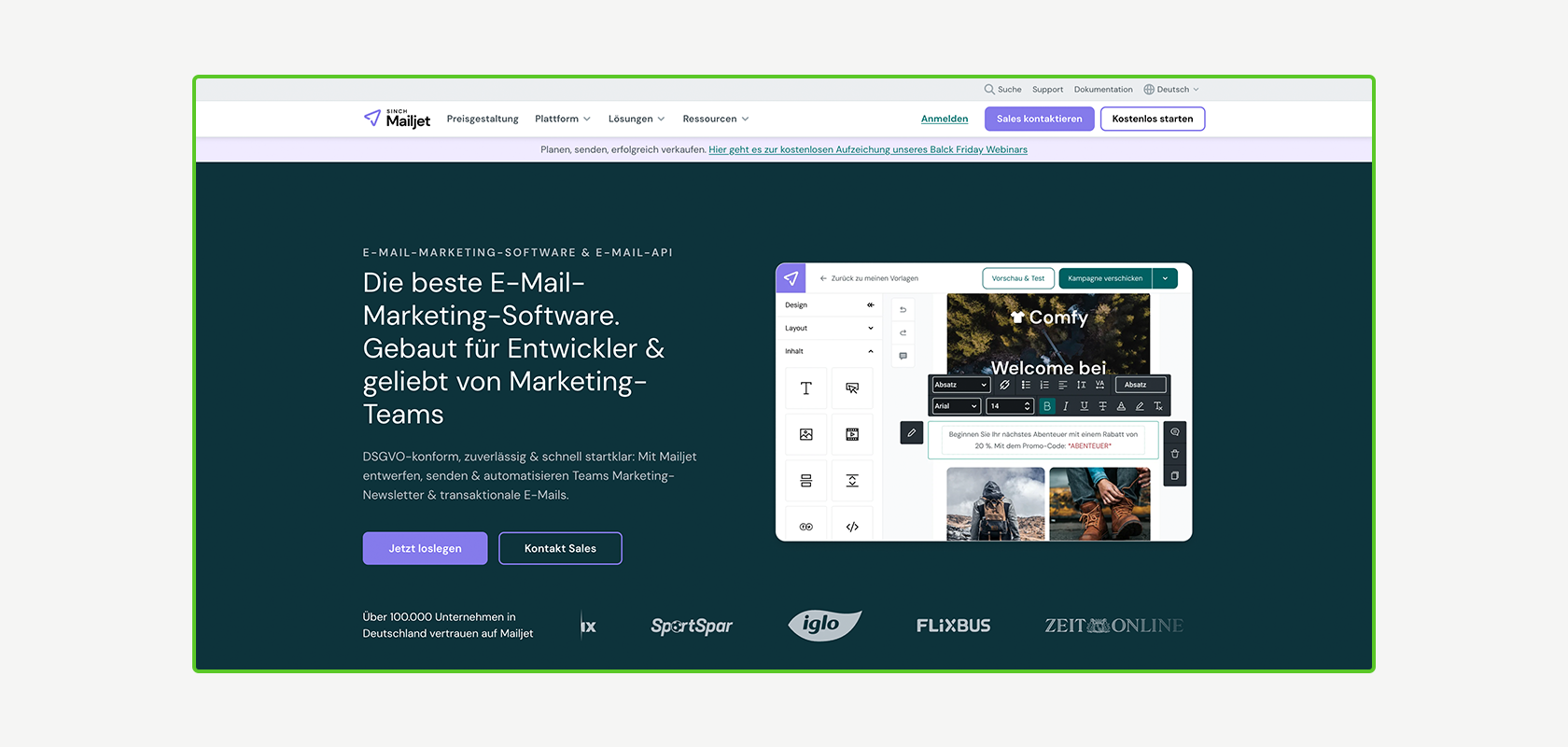 Homepage einer E-Mail-Marketing-Software mit dunklem Design, zentraler Vorschau der Software-Oberfläche und verschiedenen Navigationsoptionen.