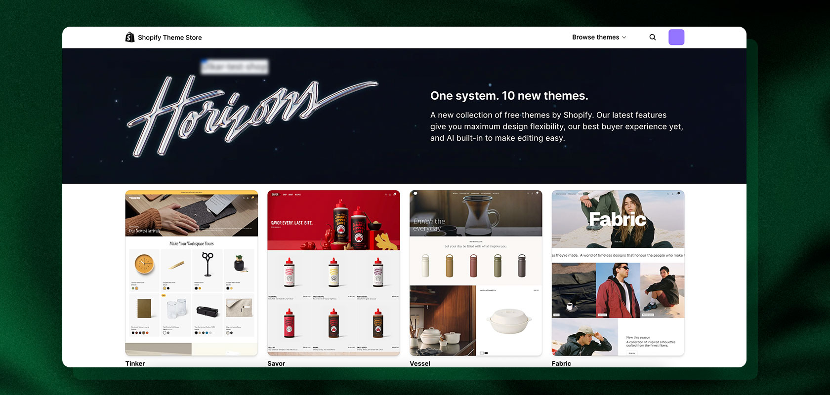 Webpage displaying ten new Shopify themes with descriptions and images of various products, including stationery, beverages, and fashion.
