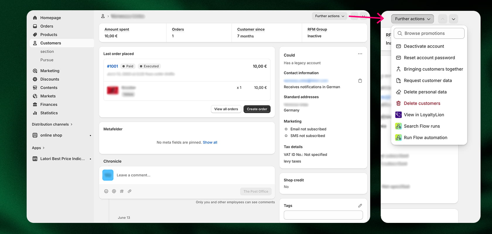 A software dashboard with navigation menu on the left and user information displayed on the right, including customer details and current orders.