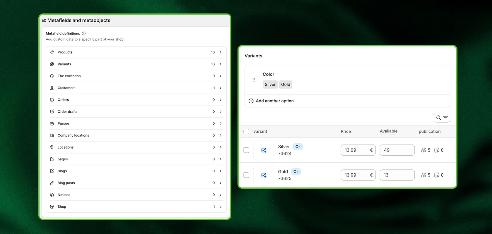 UI displaying metadata options on the left and product variants with price, availability, and settings on the right, on a green background.