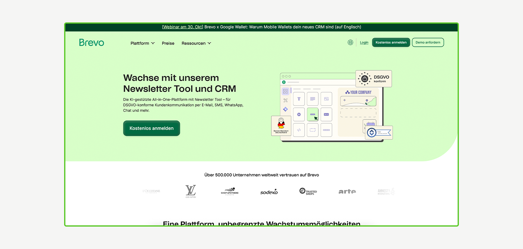 Website-Screenshot mit grüner Kopfzeile, auf dem ein Newsletter-Tool und ein CRM-Dienst vorgestellt werden. Enthält einen Anmeldebutton und verschiedene Symbole. Text in deutscher Sprache.
