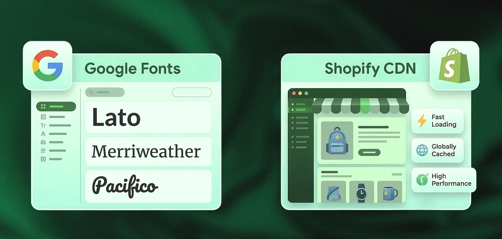 Illustration comparing Google Fonts with Shopify CDN, highlighting features like font options, fast loading, global cache, and high performance.