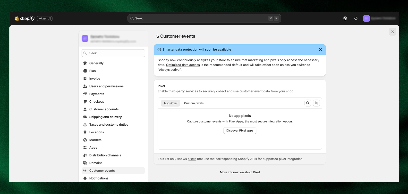 Shopify settings interface showing a notification about data protection settings, with a sidebar menu on the left.