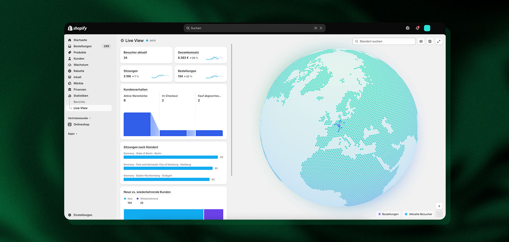 Shopify Live-View Dashboard mit Echtzeit-Statistiken und einem interaktiven Globus zur Anzeige weltweiter Besucher.