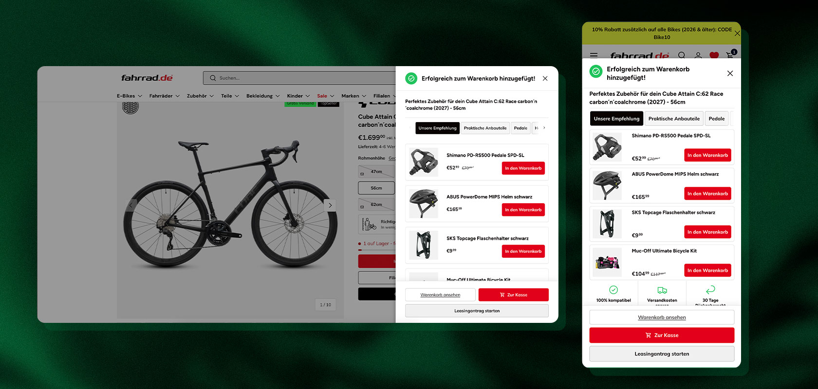 Seite des Online-Shops, auf der ein Cube Attain C:62 Rennrad mit Zubehör wie Pedalen, Helm und Flaschenhalter im Warenkorb angezeigt wird.