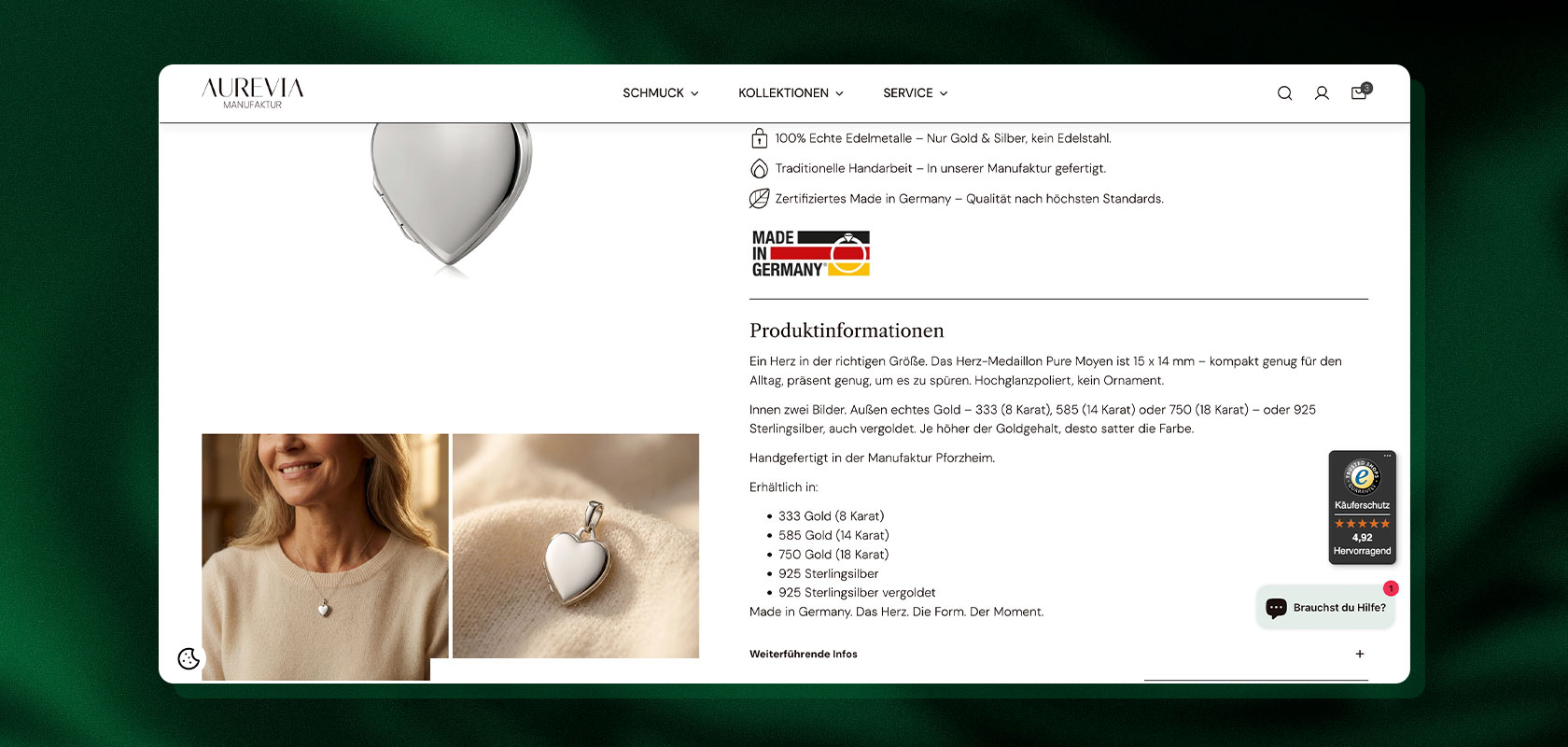 Website, auf der eine Halskette mit einem silbernen Herzanhänger gezeigt wird. Zu den Besonderheiten gehören Nahaufnahmen, Produktdetails und das Label „Made in Germany“.