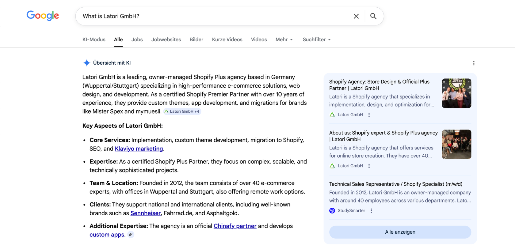 Google search results for "What is Latori GmbH?" show detailed company information and services related to Shopify and e-commerce solutions.