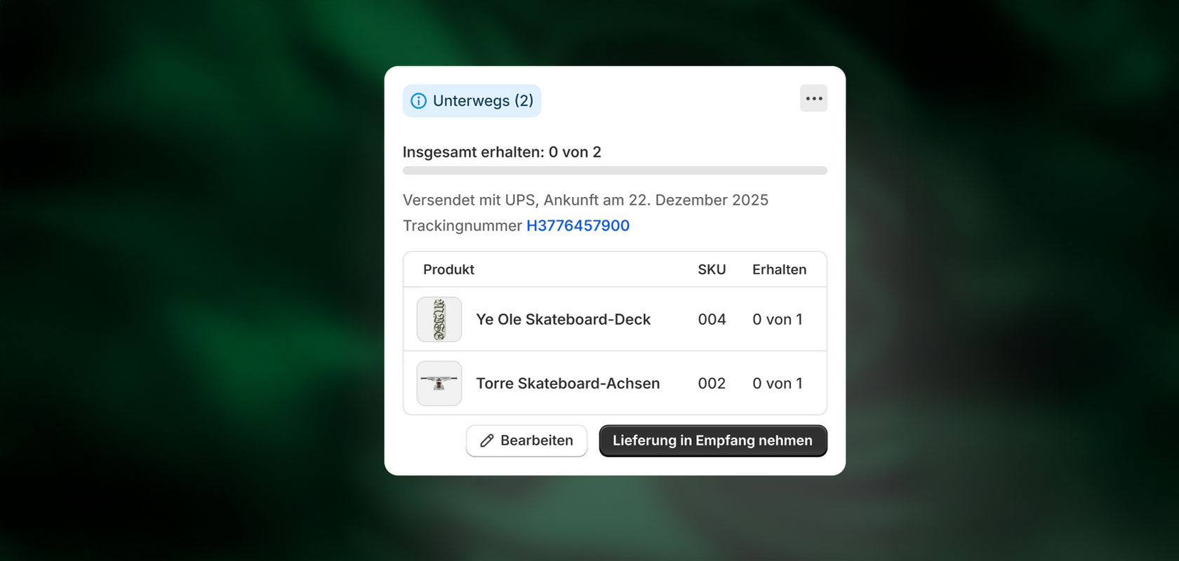 German shipping popup: UPS delivery due Dec 22, 2025; 0 of 2 received. Items: Ye Ole skateboard deck, Torre skateboard trucks; action buttons.
