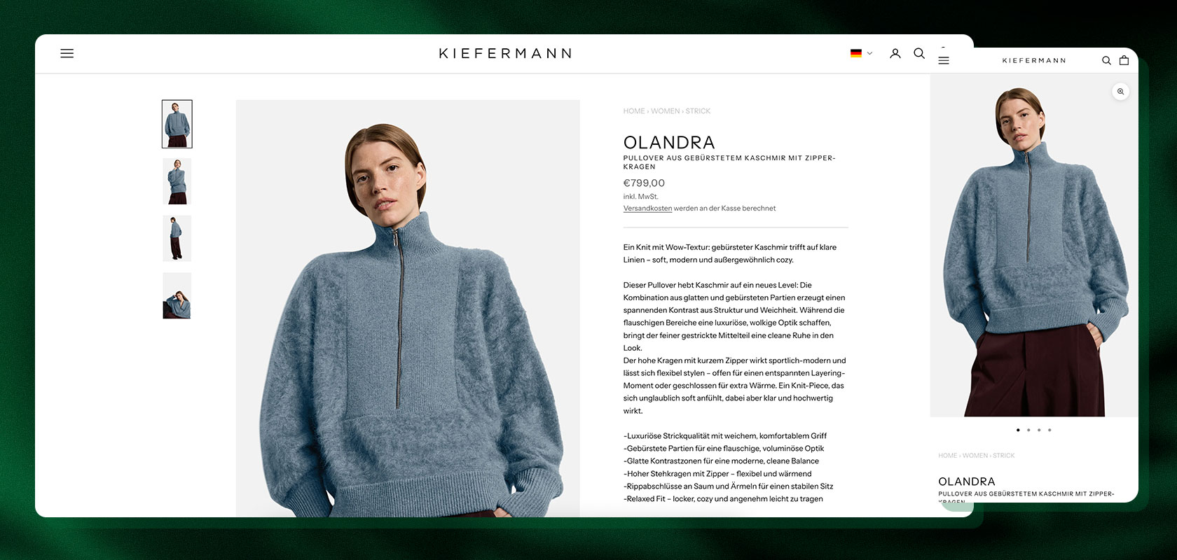 Website, auf der ein Model einen blauen Pullover mit Stehkragen und Reißverschluss trägt, der mit „OLANDRA“ beschriftet ist und aus gebürstetem Kaschmir mit einer weichen, kuscheligen Textur besteht.