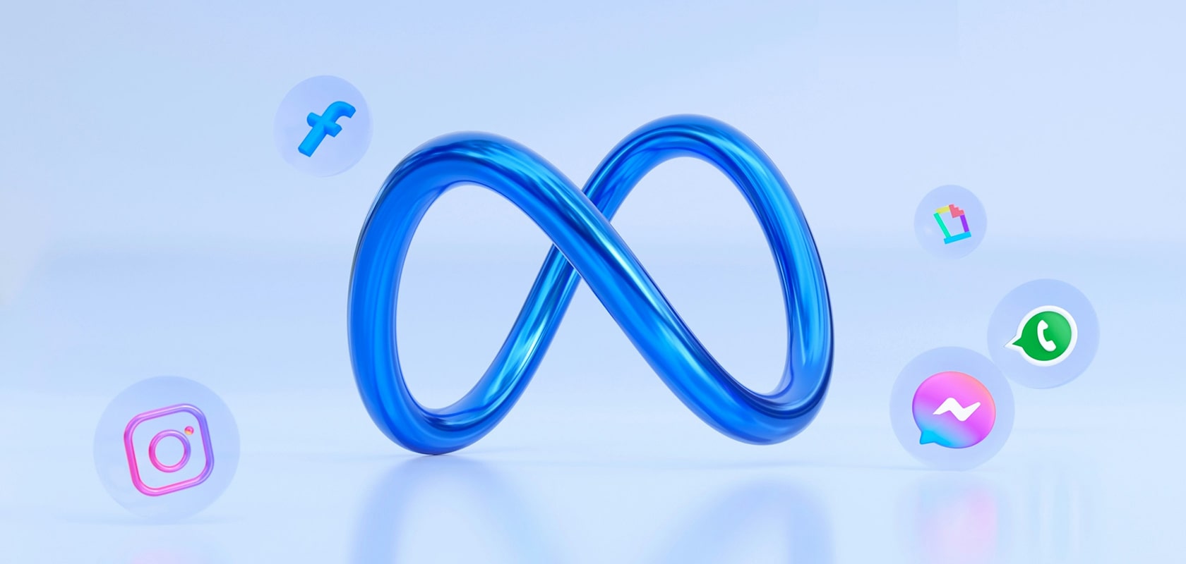 Shiny blue Meta infinity logo with floating Facebook, Instagram, Messenger, WhatsApp, and Threads icons on a pale background.