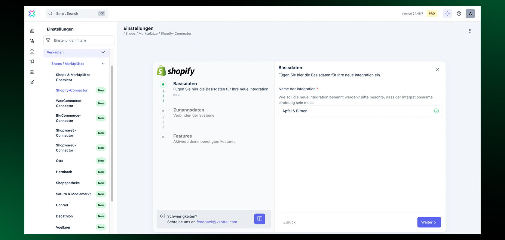 Shopify-Einstellungsseite mit einem Navigationsmenü auf der linken Seite und einem Hauptinhaltsbereich auf der rechten Seite, in dem Integrationsoptionen angezeigt werden.