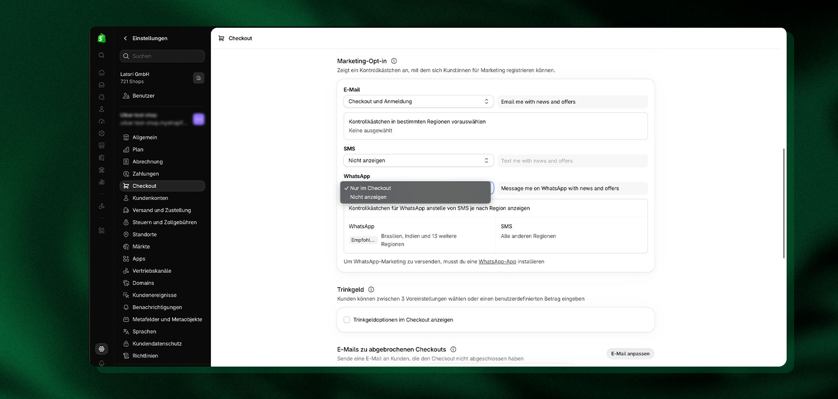 Screenshot der WhatsApp Abfrage im Shopify Checkout