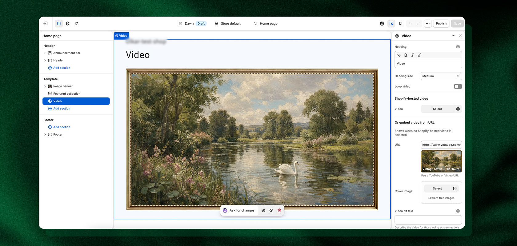 A computer screen displaying an image of a peaceful landscape painting in which a swan is swimming on a mirror-smooth pond, surrounded by lush greenery under a blue sky.