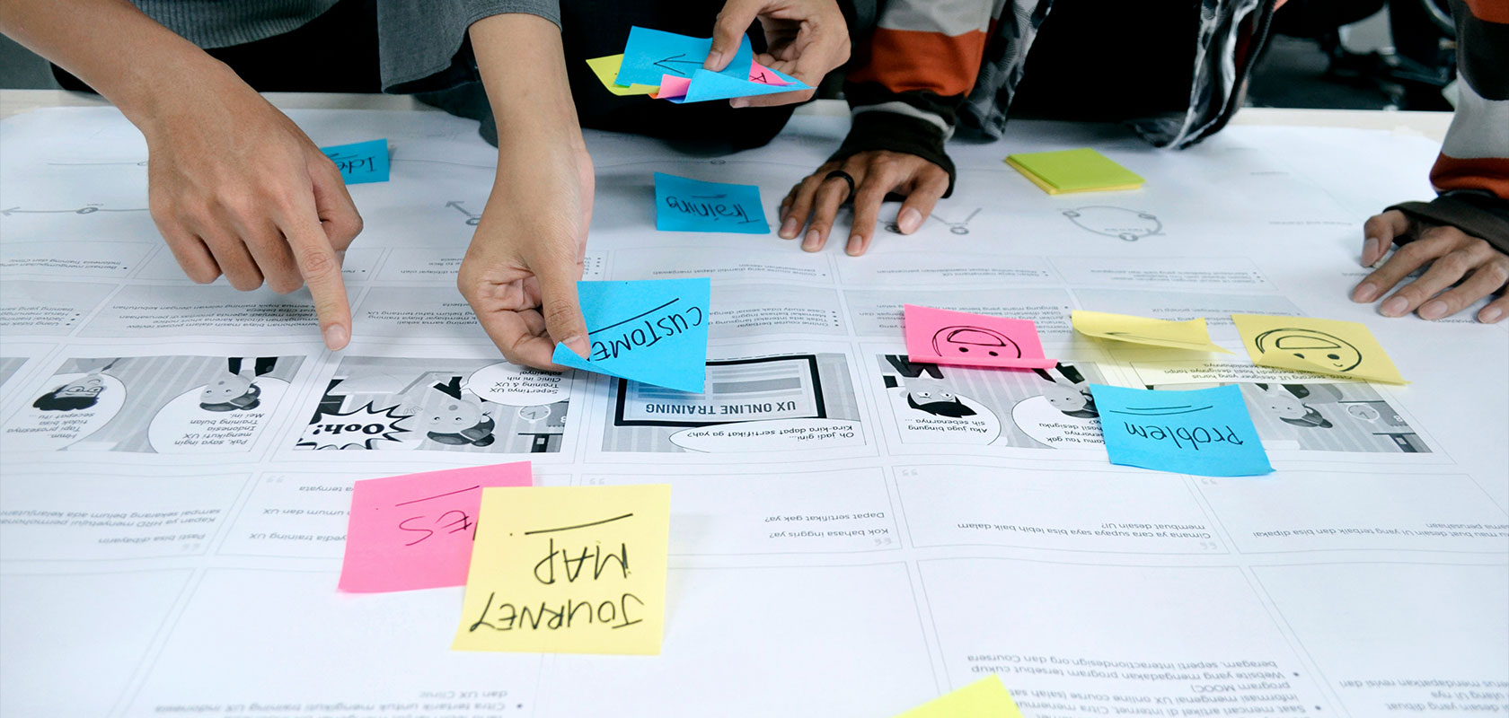 Hände, die bunte Haftnotizen mit den Aufschriften „Kunde“, „Prototyp“ und „Journey Map“ auf einem mit Dokumenten bedeckten Tisch anordnen.