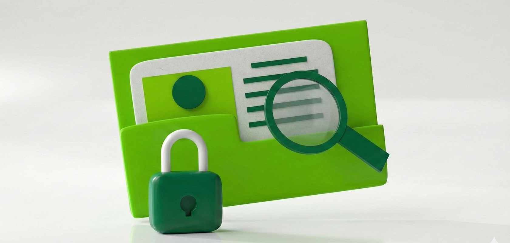 Green folder with a document graphic, a magnifying glass examining it, and a padlock symbolizing security and privacy.