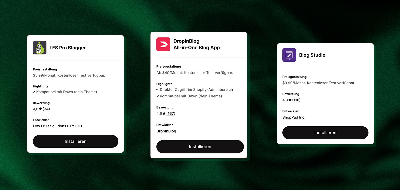 Drei App-Karten auf grünem Hintergrund mit Details zu LFS Pro Blogger, DropInBlog und Blog Studio, jeweils mit Preisangaben und Installationsschaltflächen.