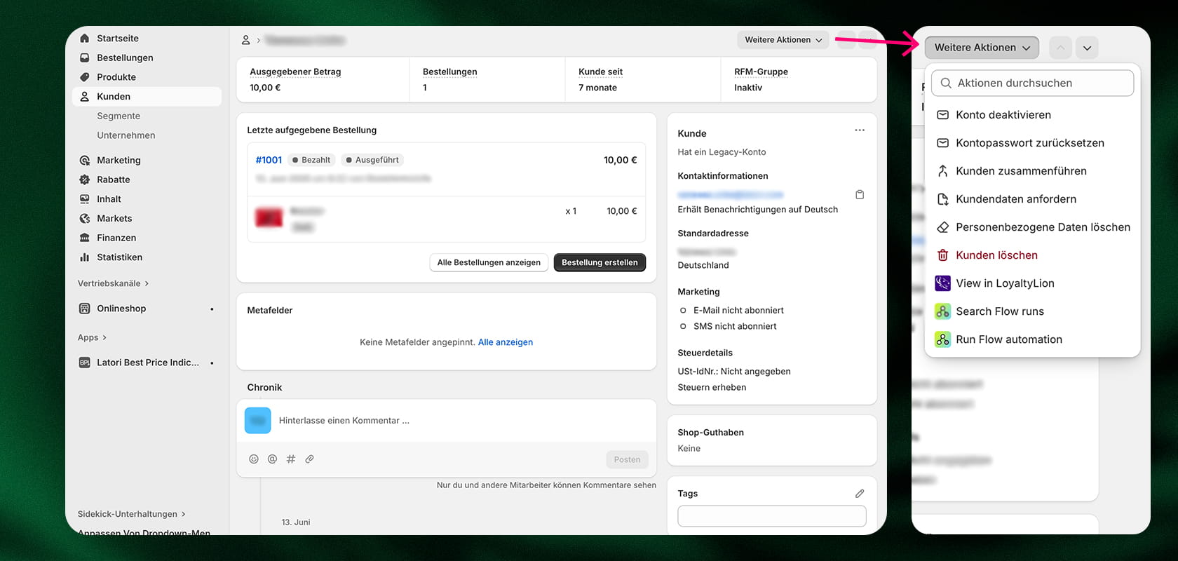 Ein Software-Dashboard mit einem Navigationsmenü auf der linken Seite und Benutzerinformationen auf der rechten Seite, darunter Kundendaten und aktuelle Bestellungen.