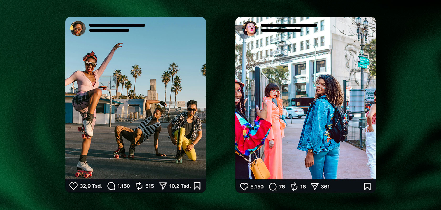 Zwei Social-Media-Posts zeigen Gruppen junger Leute beim Skaten und Spazierengehen in einer urbanen Umgebung, mit Palmen und Stadtgebäuden im Hintergrund.