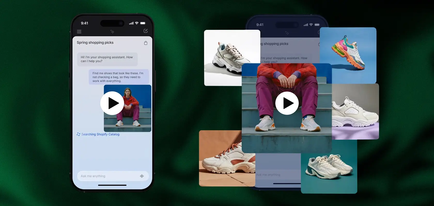Smartphone screen showing spring shopping suggestions with various sneaker images, each with a play button overlay.