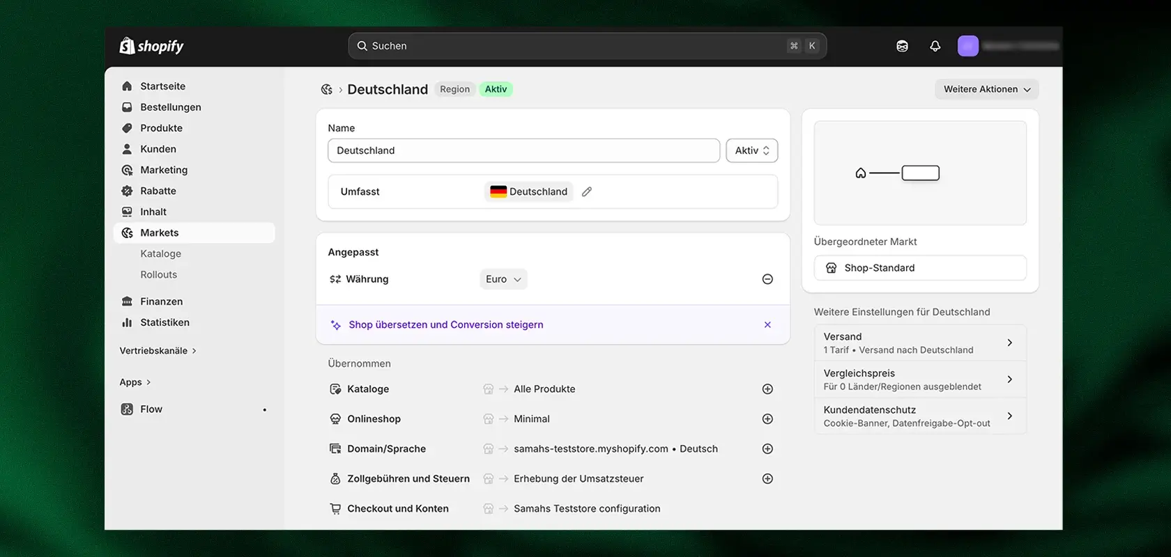 Das Shopify-Admin-Dashboard mit den Markteinstellungen für Deutschland, einschließlich Währungs- und Sprachoptionen, sowie Menüs auf der linken Seite.